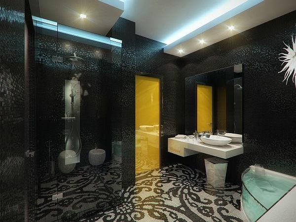 Ylellinen huoneisto, jossa on keltainen ja musta kylpyhuone kukkakuvio