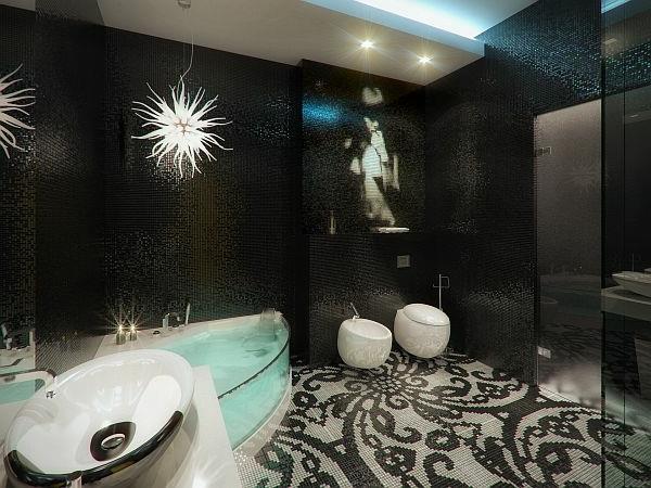Ylellinen huoneisto keltaisella ja mustalla kylpyhuonelaattojen mosaiikilla