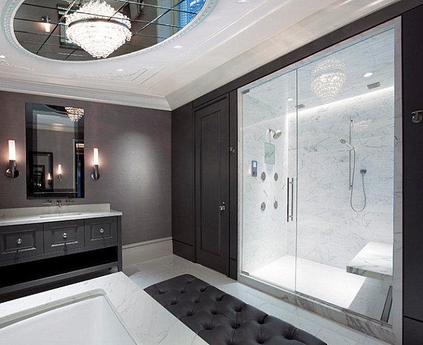 Ylelliset kylpyhuoneideat kylpyhuoneen laatat tumma muotoilu kattokruunu