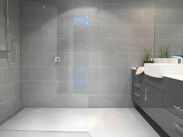 Ylelliset kylpyhuoneideat kylpyhuoneen laatat harmaa pesuallas pöytäkasveja