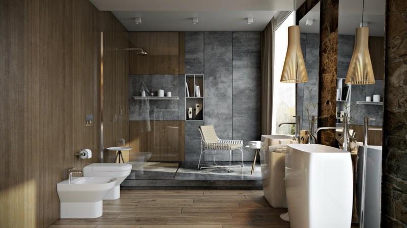 Ylellinen kylpyhuone puulattia moderni kylpyhuone kalusteet betoniseinä suihku