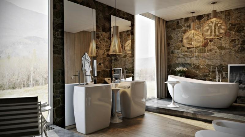 Ylellinen kylpyhuone maalaismainen tyyli puu moderni kylpyhuone sisustus kylpyamme vapaasti seisova