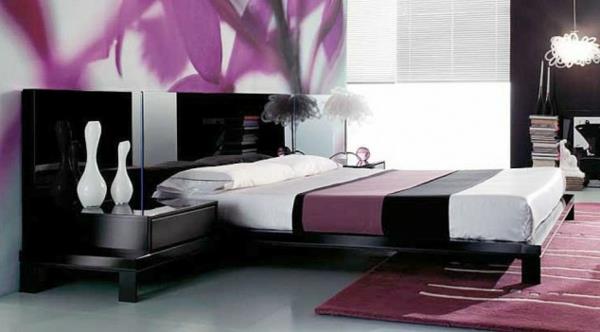 violetti makuuhuoneen sängynpääty sängynrunko mustat sängyn jalat
