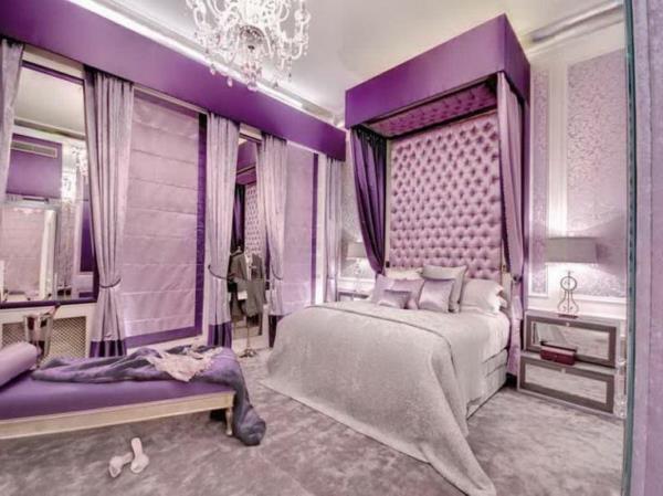 violetti makuuhuoneen sänky pääty kattokruunu silkkimatto