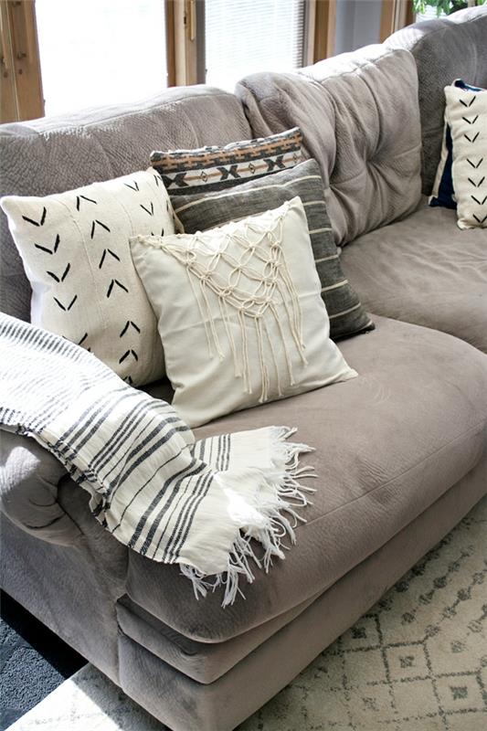 Macrame -tyynyjen valmistusohjeet Macrame -tyynynpäällinen sohva
