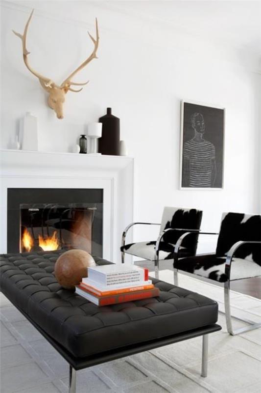 Maskuliininen ja tyylikäs moderni olohuoneen takka, jossa yhdistyy valkoinen, harmaa ja musta