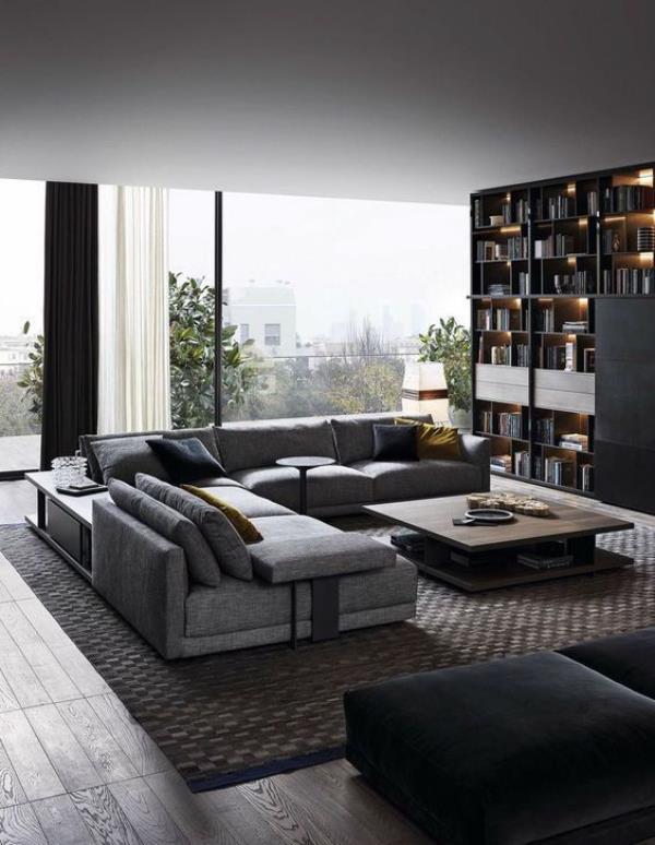 Maskuliininen ja tyylikäs moderni olohuone mukavat harmaat huonekalut moderni kirjahylly mielenkiintoinen valaistus