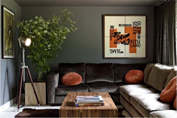 Maskuliininen ja tyylikäs moderni olohuone harmaa beige pyöreä koristetyyny persikanvärisenä