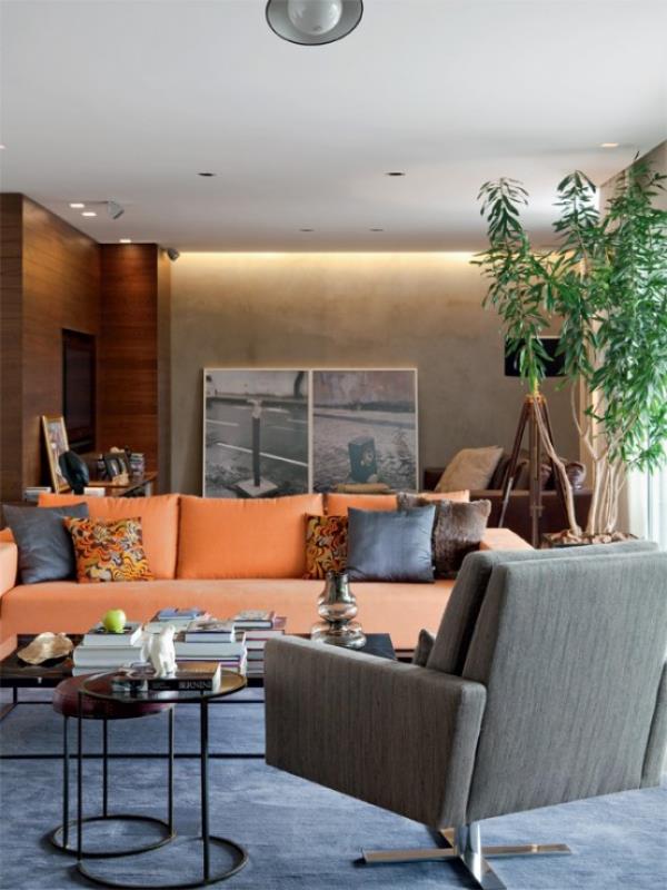 Maskuliininen ja tyylikäs moderni olohuone, kirkas ja kutsuva persikanvärinen sohva