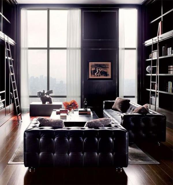 Maskuliininen ja tyylikäs moderni olohuone puhdas linjat geometriset muodot täydellinen ilme