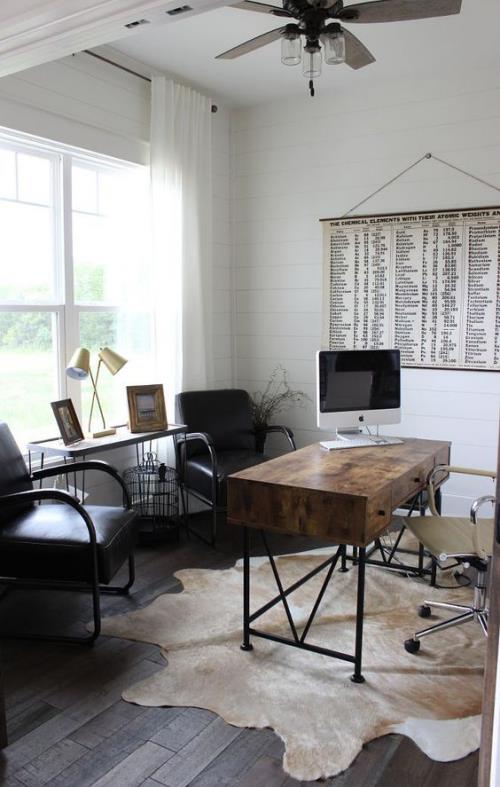 Maskuliininen kotitoimisto valkoiset seinät vaalea villieläinten turkki lattialla retro -työpöytä kaksi mustaa nojatuolia