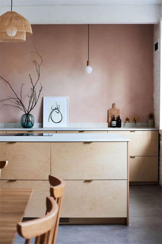 Mauve väri keittiössä hyvin yksinkertainen tyylikäs sisustus keittiösaari kaapit vaaleat värit