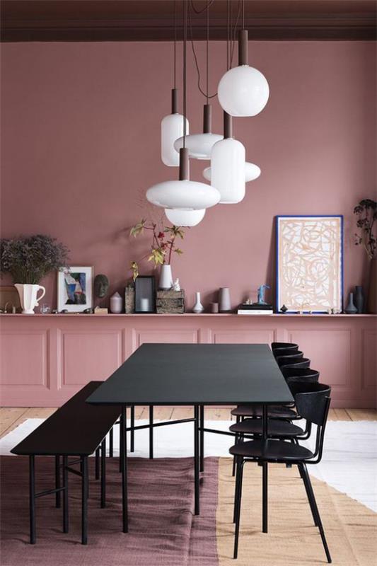 Mauve väri moderni ruokasali yksinkertainen huonekalusuunnittelu ruokapöytä penkit valkoiset riippuvalaisimet kuvat matot
