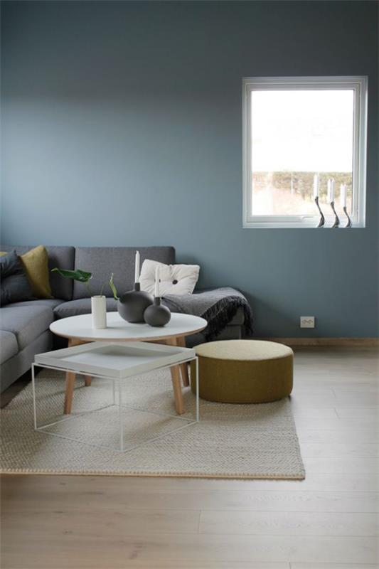 Tuo enemmän värejä sisustukseen vaalea matto harmaa sohva sininen seinäväri yhtenäinen suunnittelukonsepti olohuone