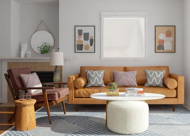 Vuosisadan puolivälin moderni asuintyyli mukavat huonekalut lämpimät värit huokuvat joie de vivre -sohvaa hiekanruskeassa nojatuolissa