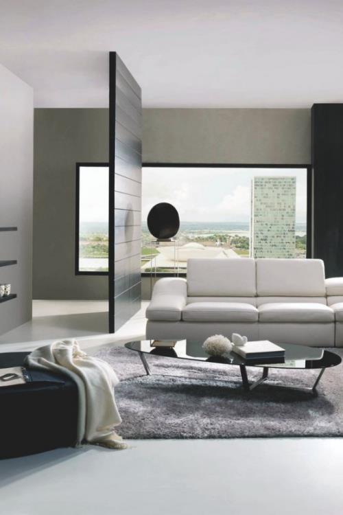 Minimalismi olohuoneessa tyylikäs huoneenjakaja erottaa tyylikkään tilan sohva matosta pieni pöytä heittää peitto nojatuoli