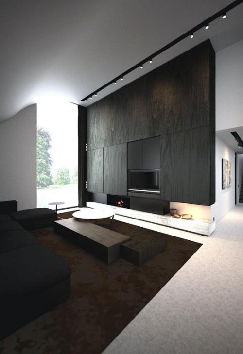 Minimalismi olohuoneessa iso huone täydellinen muotoilu tummat sävyt yhdistettynä valkoiseen ja harmaaseen