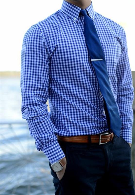 Miesten paita miesten paidat sininen ruudullinen solmio tyylikäs miesten muoti