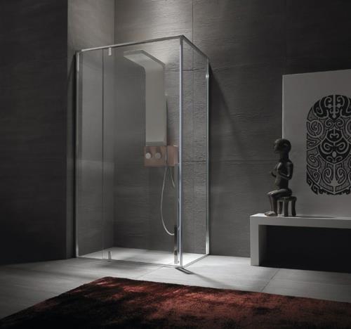 Nykyaikaiset suihkukaapit, jotka on valmistettu lasikylpymatosta, pehmeä tummanruskea