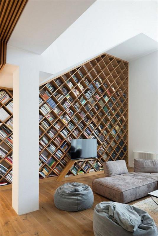 Moderni kotikirjasto hiljainen paikka sisäänrakennettu kirjaseinä tyylikäs ratkaisu