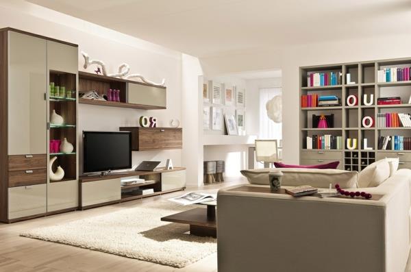 Moderni beige värivalikoima olohuoneen huonekalut kirjat hyllyt