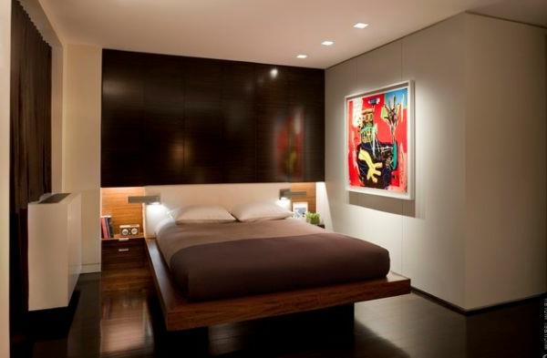 Moderni nuorisohuone sisustus ruskea sängyn runko puu patja maalaus
