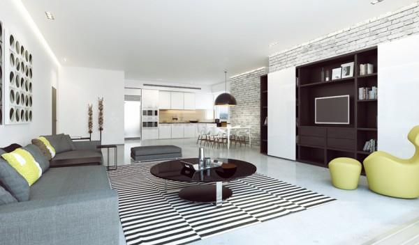 Moderni koti esittelee ylellisen seinän muotoisen raidallisen maton