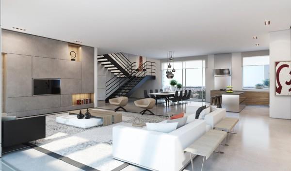 Moderni koti esittelee ylellisen seinäsuunnittelun portaikon olohuoneen
