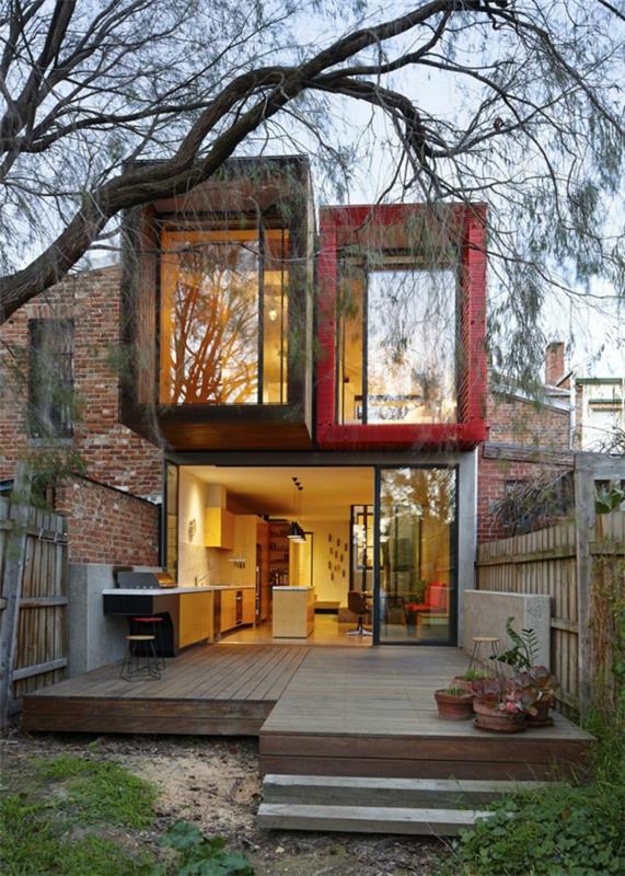 Moderni-japanilainen-yhden perheen talo-laatikko-kaltainen-muotoilu-puinen veranta