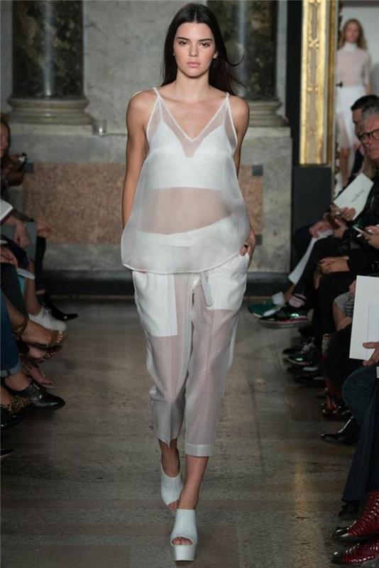 Muotitrendit läpinäkyvät mekot housut ylhäältä catwalk-muotia