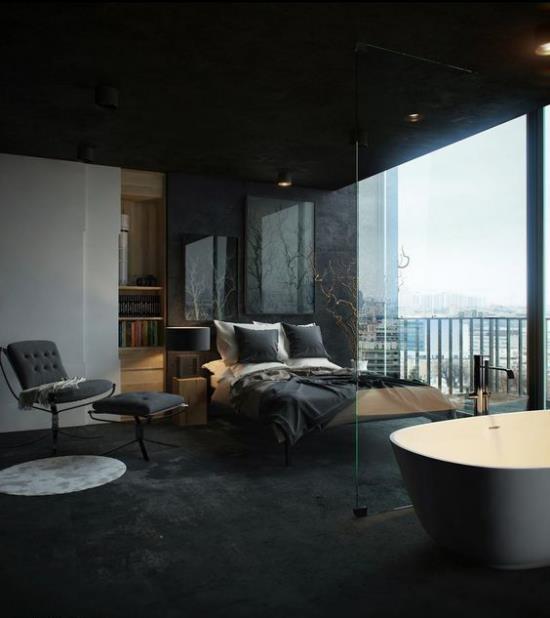 Monikäyttöiset huoneet Tumma makuuhuone erittäin tyylikkäästi suunniteltu Tummanharmaa hallitsee lasiseinällä erotettua kylpyhuonetta