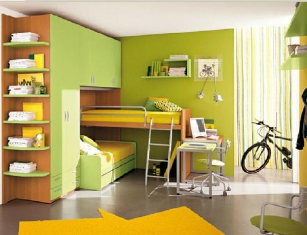 Monitoiminen makuuhuoneen suunnittelu vihreä keltainen parvisänky portaat