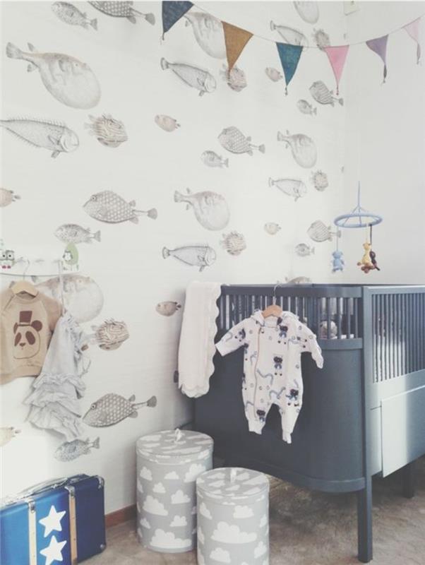 Kuvio tapetti kala tapetti suunnittelu lastenhuone vauvan huone huonekalut