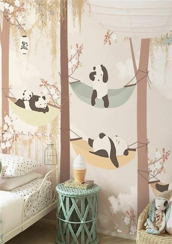 Kuvio tapetti panda karhuja metsässä tapetti lastenhuoneen suunnittelu
