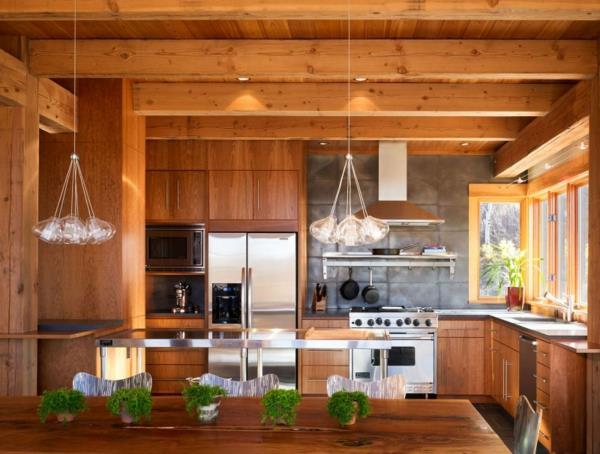 Kestävä arkkitehtuuri puukalusteet seinän suunnittelu ruokasali keittiö