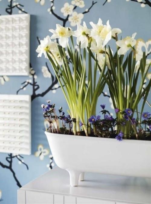 Narsissit valkoisissa sisustusideoissa talon muiden kevään kukkien kanssa