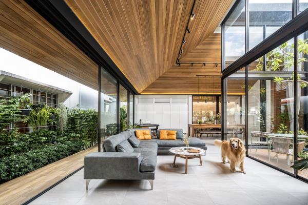 Ulko-olohuone, pystysuora puutarha vasemmalla, mukavat istuimet, katto korkeat lasiseinät, koira, tilava huonekonsepti