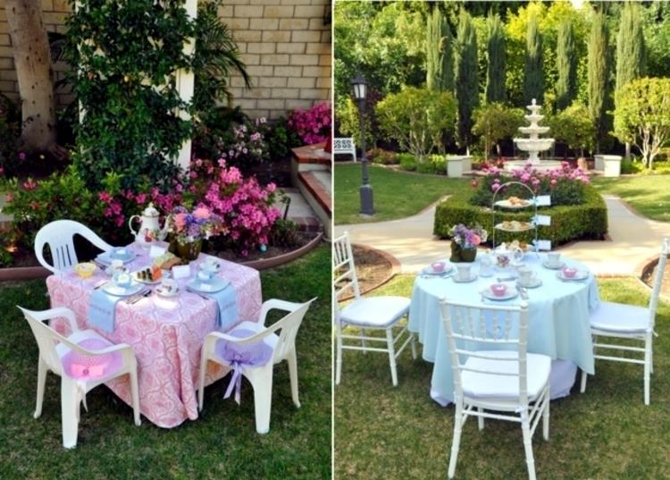 Pääsiäiskoristeiden puutarhapöydän koristelu puutarhajuhlien sisustusideoita