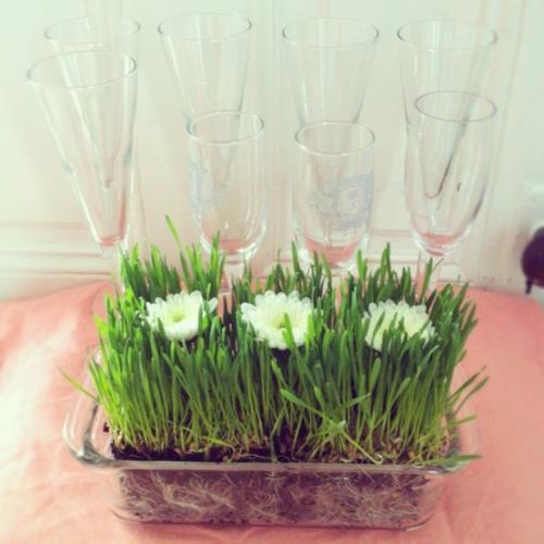 Kylvä oma pääsiäisruoho lasipurkkiin, joka on koristeltu valkoisilla kukilla ja asetettu pöydälle