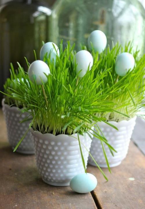 Pääsiäinen ruoho itse, kauniit valkoiset keraamiset ruukut kylvää valkoisia munia ruohoon, täydellinen pääsiäiskoriste