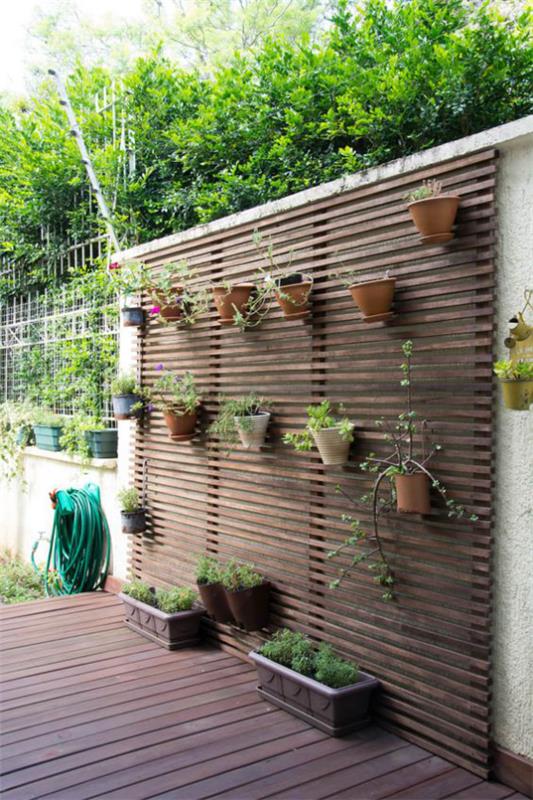 Outdoor - Trends 2020 Vihreä seinä ruukkujen ulkopuolella puisissa seinälaatikoissa, joissa on vihreitä kasveja