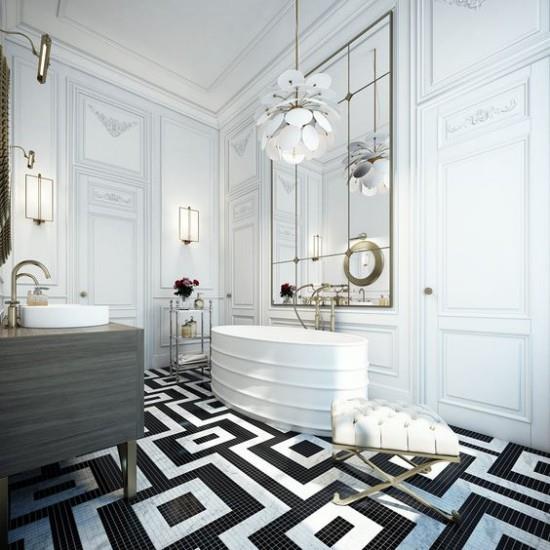 Pariisin tyylikäs kylpyhuoneessa valkoisella ja mustalla katseenvangitsijakuviolla varustetut lattialaatat suuret peilit modernit kattokruunut
