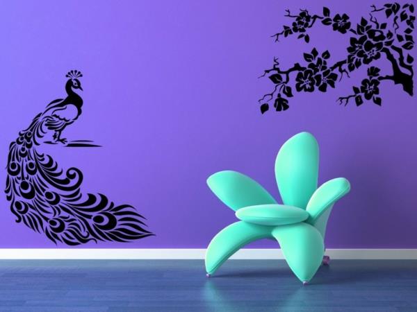 Riikinkukon höyhenet deco olohuone violetti seinäkoriste seinätarra