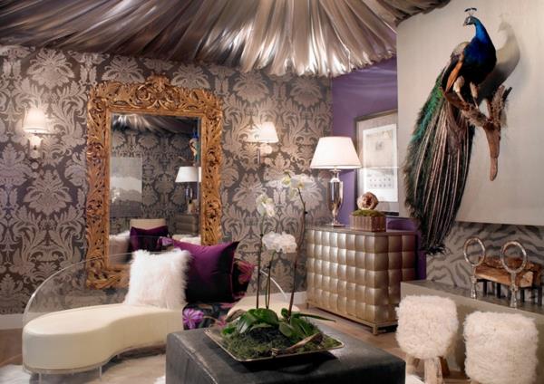 Riikinkukon höyhen koristelu olohuoneessa lushness -seinäpeilisohvat