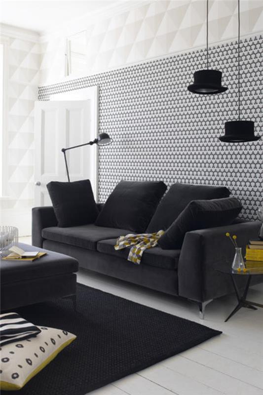 Sisustusideoita olohuoneen huonekalut musta valkoinen väri