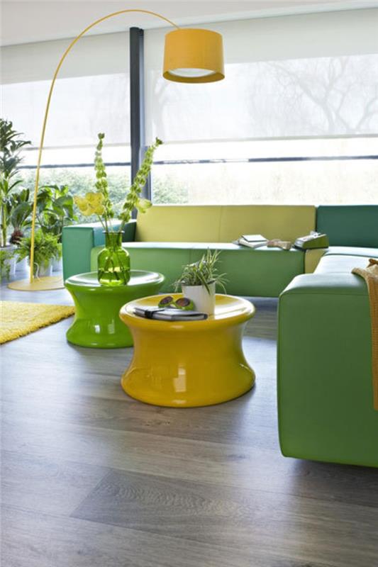 Sisustusideoita modernit olohuoneen huonekalut keltainen vihreä