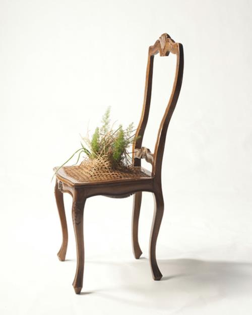Kierrätettyjä huonekaluja käytetään kasvisäiliönä klassisessa tuolissa