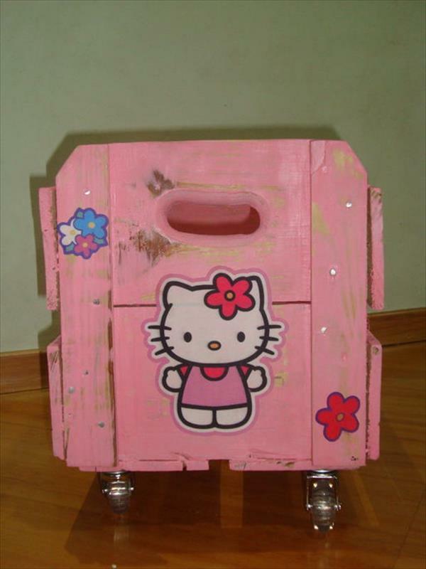 Vaaleanpunainen säilytyslaatikko pyörillä, jotka on valmistettu puulavoista hello kitty