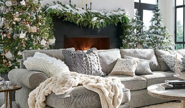 Maalaismainen joulukoristeita tekstiileillä ja huonekaluilla