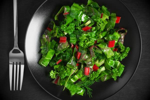 Terve olo himoa vastaan ​​vihreää salaattia lehtivihanneksilla raparperi -persiljaa
